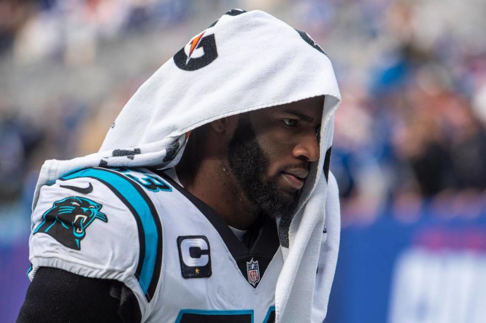 Panthers defensive end Brian Burns walks off the field after the game against the Giants at MetLife Stadium on Sunday, October 24, 2021 in Rutherford, NJ. The Panthers, who did not score a single touchdown, lost to the Giants, 24-3.