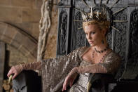 <b>Queen Ravenna</b><br> The elaborate costumes Charlize Theron wears in "Snow White and the Huntsman," including a spiky crown, were made by famed costume designer Coleen Atwood ("Edward Scissorhands," "Chicago," and even "Dark Shadows"). Surprisingly, both Charlize and her co-star Kristen Stewart, had a lot of input in the making of their respective attire. "With Charlize, the character dictated it more than her look," Atwood <a href="http://collider.com/colleen-atwood-snow-white-huntsman-thin-man-interview/164379/" rel="nofollow noopener" target="_blank" data-ylk="slk:recently said;elm:context_link;itc:0;sec:content-canvas" class="link ">recently said</a>. Theron also plays an icy character in the much-anticipated "Alien" prequel "Prometheus," in theaters June 8th -- just a week after "Snow White and the Hunstman" opens.