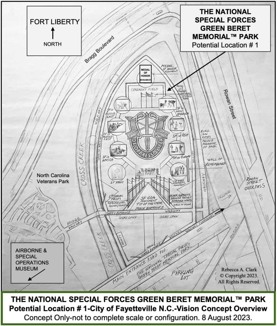 The proposed design for the National Special Forces Green Beret Memorial Park, if it will be built in Fayetteville on Bragg Boulevard next to the North Carolina Veterans Park.