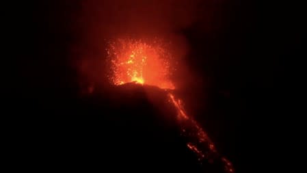 Lava erupts from the Stromboli volcano the evening after an explosion in Stromboli