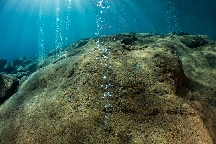 A rocky seafloor with streams of bubbles emanating from it.