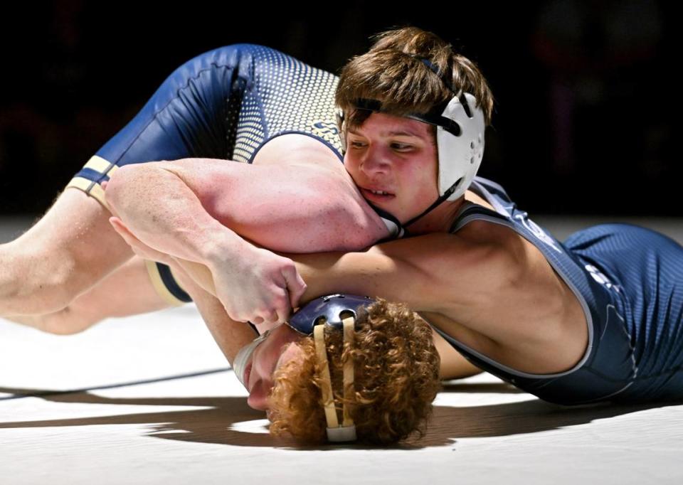 Penns Valley’s Colten Shunk controls Bald Eagle Area’s Dawson Lomison in the 133 lb bout of the match on Thursday, Jan. 24, 2024. Shunk won by major decision, 13-5.