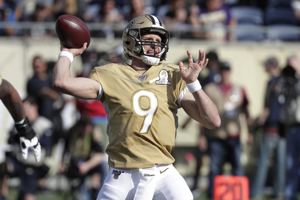 NFC quarterback Drew Brees, of the New Orleans Saints, (9) looks to pass, during the first half of the NFL Pro Bowl football game, Sunday, Jan. 26, 2020, in Orlando, Fla. (AP Photo/John Raoux)