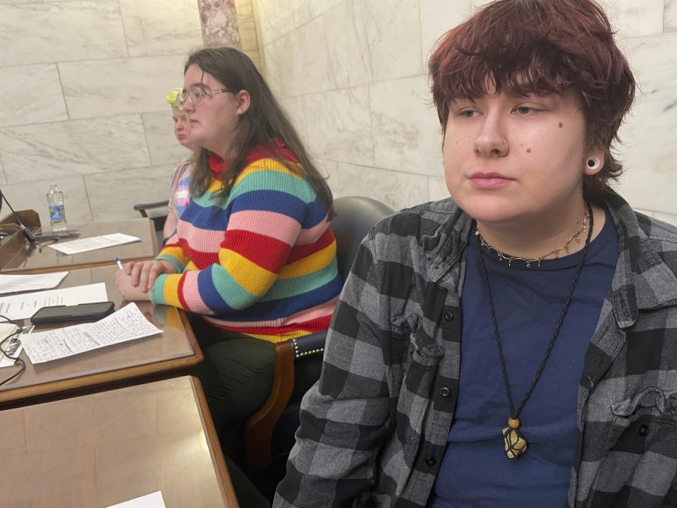 Max Varney, right, listens to other speakers at a public hearing after voicing opposition to a proposed "Women's Bill of Rights" Thursday, Feb. 8, 2024, in the House chambers at the West Virginia Capitol in Charleston, W.Va. Opponents believe the bill would suppress transgender rights in the state. (AP Photo/John Raby)