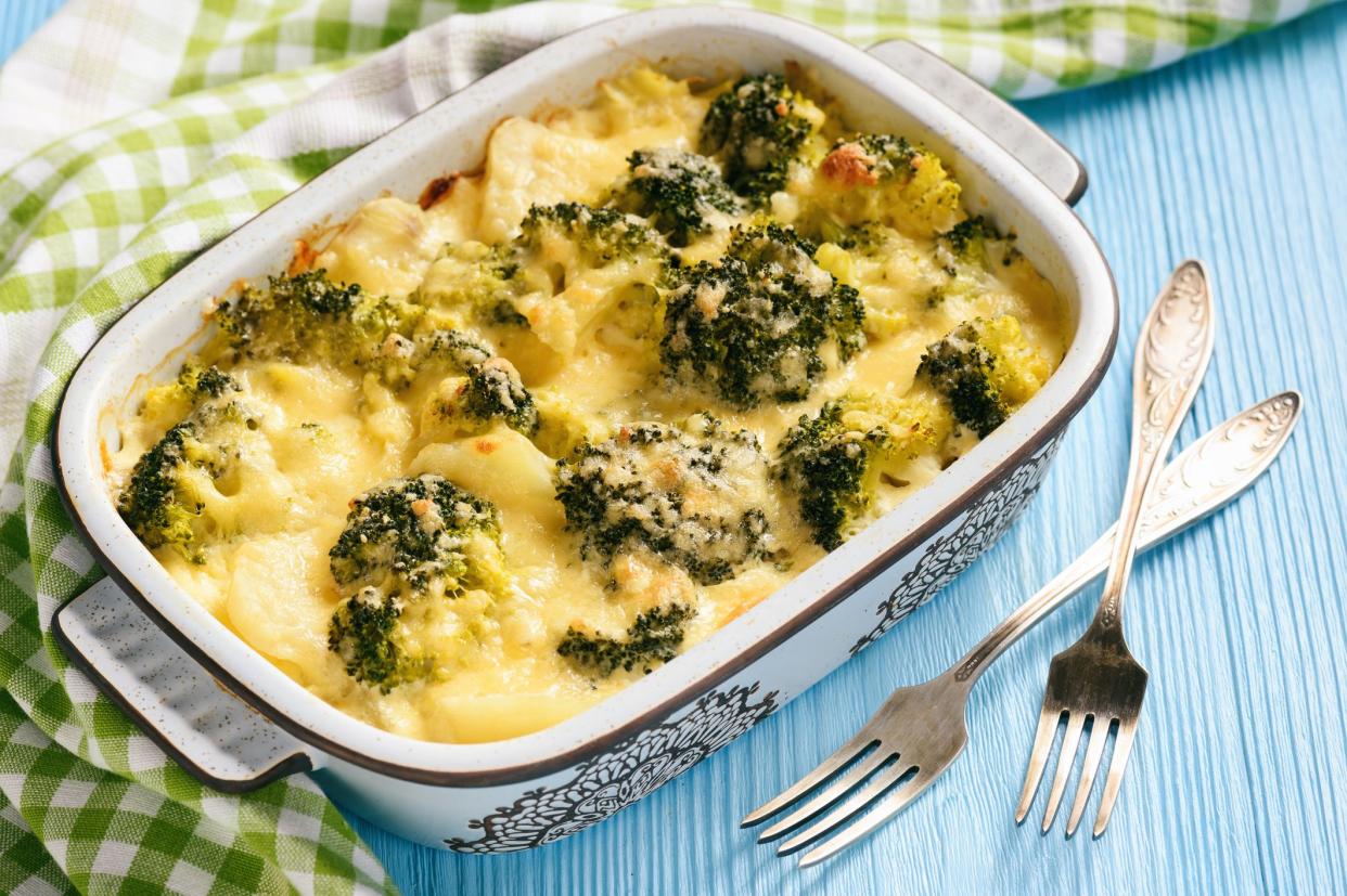 Casserole with broccoli, potatoes, eggs and cheese.