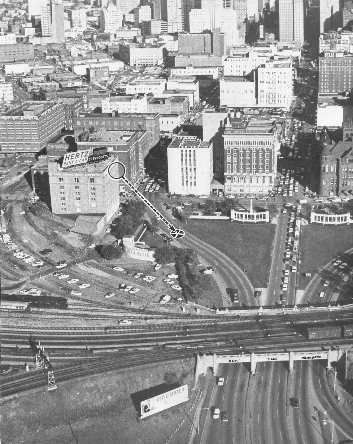 Aerial of area where John F. Kennedy was assassinated, Dealey Plaza and Texas School Book Depository, Dallas. President’s car represented by spot X, and circle indicates where the assassin was situated.