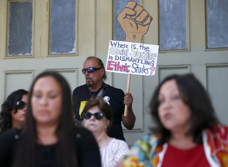 LOS ANGELES, CALIF. - AUG. 27, 2019. John Avalos, an adjunct professor of dance at UC Riverside, joins a rally in Los Angeles on Tuesday, Aug. 27, 2019, to defend a proposed "model" curriculum of ethic studies for public schools that has generated controversy. Various critics say the curriculum is not inclusive enough or that it is politically one-sided or anti-Israel or weighed down with academic jargon. Supporters defend the curriculum as is -- saying that it is a rare counter narrative to mainstream political thought. (Luis Sinco/Los Angeles Times)