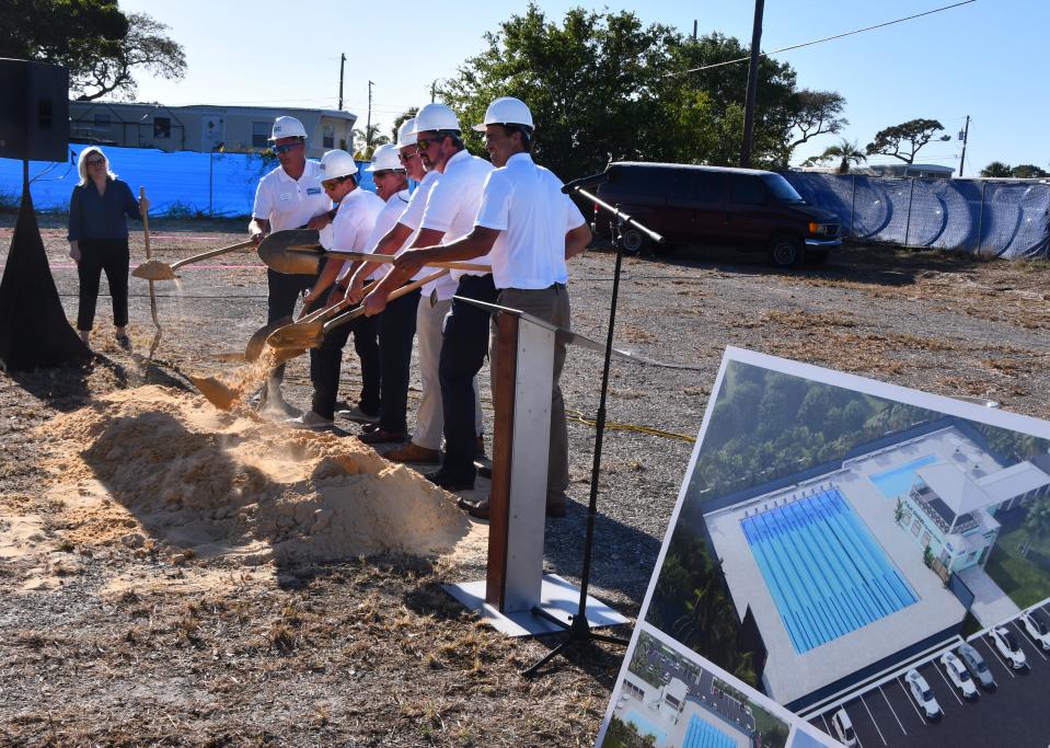 Palm Shores officials and Swim Melbourne donors, supporters, coaches and swimmers took turns at the shovels during Thursday's groundbreaking ceremony for the Palm Shores Aquatic Facility.