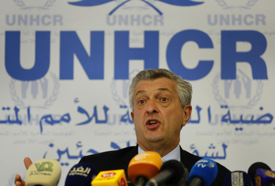 Filippo Grandi UN High Commissioner for Refugees, speaks during a press conference, in Beirut, Lebanon, Friday, Aug. 31, 2018. Grandi says a potential military offensive in the last rebel stronghold in Syria threatens to cause fresh displacement as well as discouraging refugees against returning home. (AP Photo/Hussein Malla)