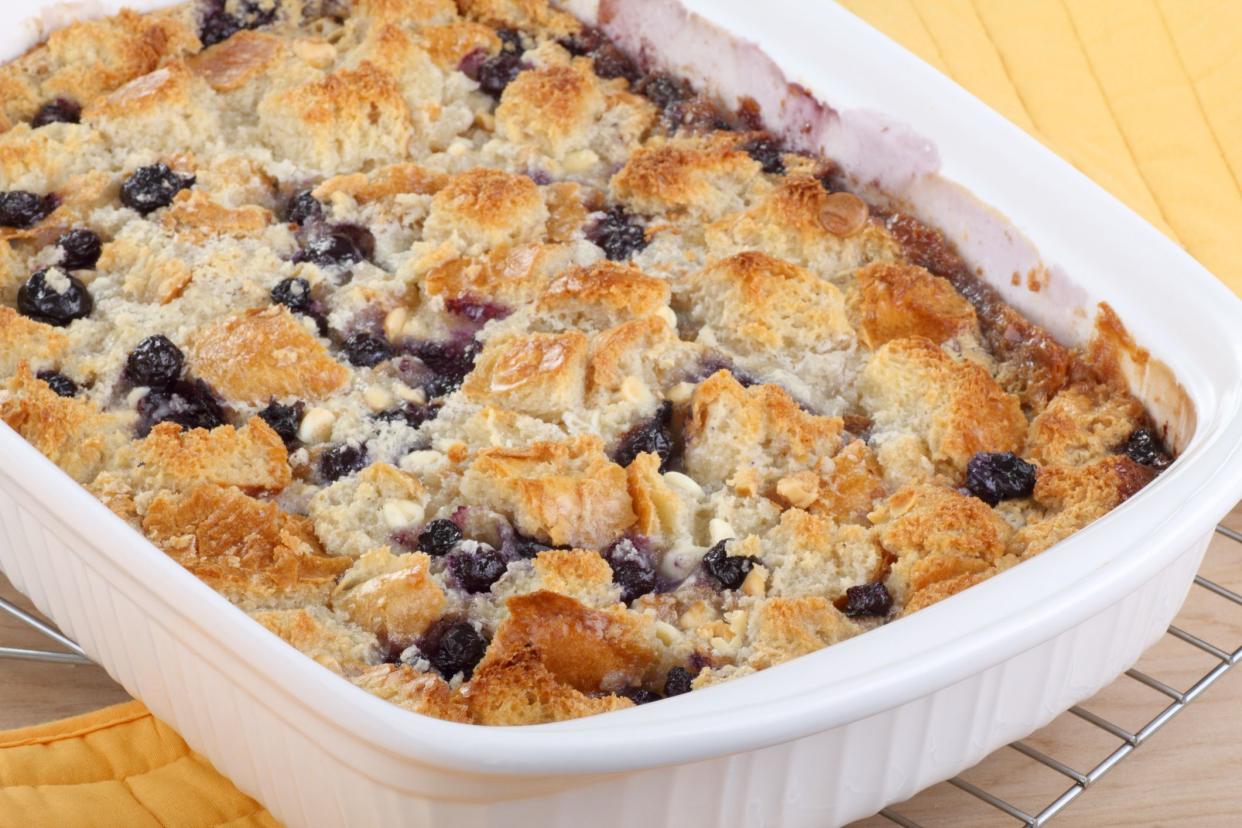 Baked blueberry cobbler in a baking dish