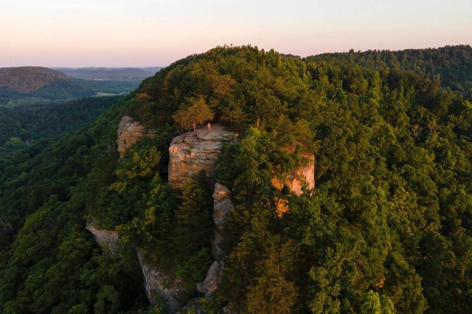 Darrell Harrison of Berea watches the sun rise from the East Pinnacle in the Berea College Forest on Tuesday, May 31, 2022.