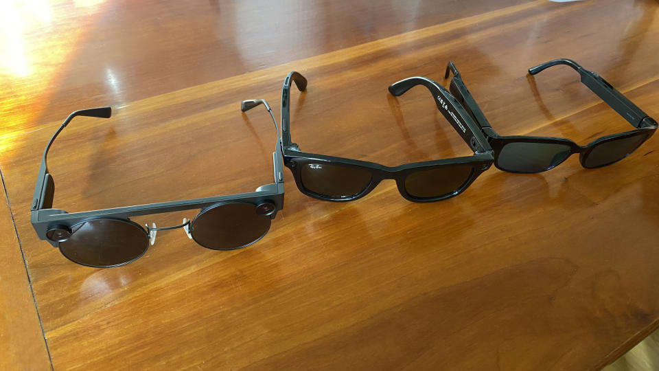 Ray-Ban Stories (center) sits between the Spectacles 3 (left) and Echo Frames (right) — both literally here and conceptually. - Credit: Adriana Lee