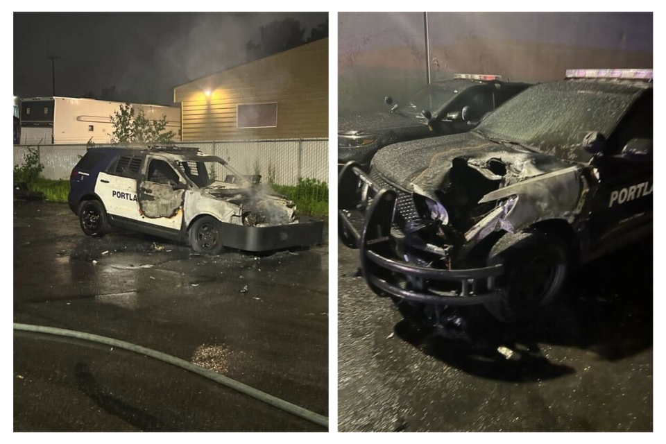 Burnt-out cars are seen after police said 15 were lit on fire in a training area. / Credit: Portland Police Bureau