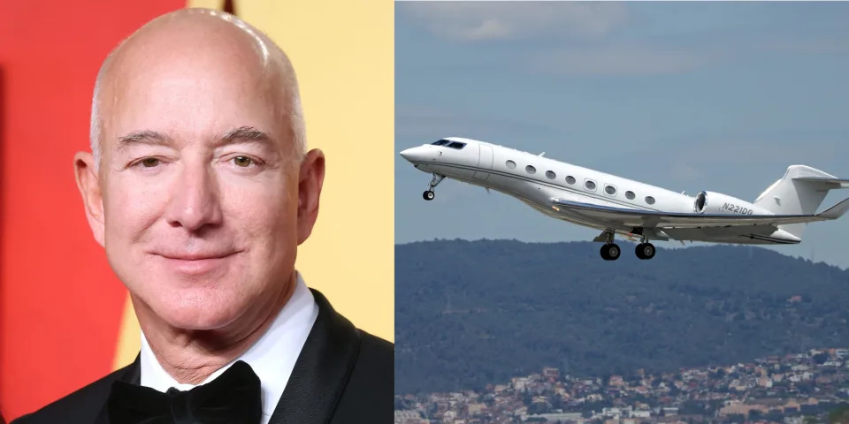 A collage of Jeff Bezos smiling wearing black tie, and a light gray Gulfstream G650 jet taking off