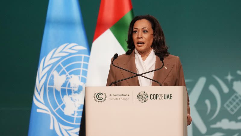 Vice President Kamala Harris speaks during a plenary session at the COP28 United Nations Climate Summit on Saturday, Dec. 2, 2023, in Dubai, United Arab Emirates.