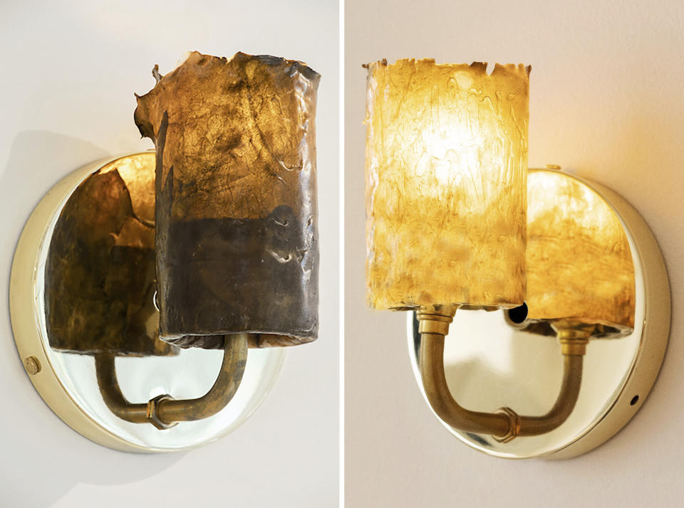 This combination of photos released by NEA Studio shows sconces made from dried algae from designer Nina Edwards Ankers. Ankers is one of many designers in decor and fashion who are thinking beyond traditional materials. They're finding ways to meld beautiful design with sustainable sourcing and production methods. (NEA Studio via AP)