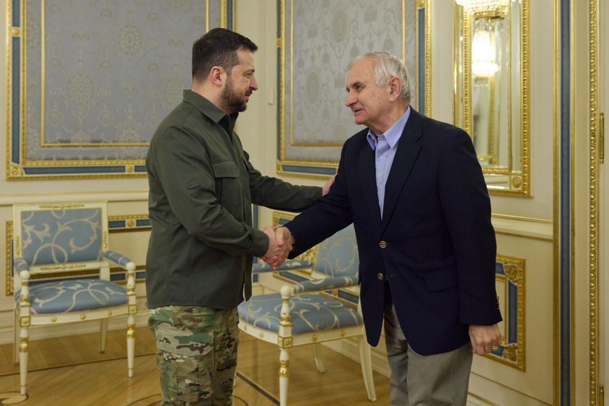 Ukrainian President Volodymyr Zelenskyy greets U.S. Sen. Jack Reed, D-RI, during Reed's recent visit to Kyiv.