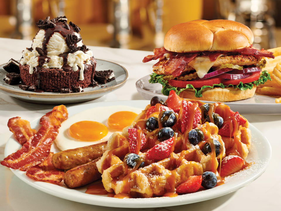 Berry Waffle Slam®, BBQ Bacon Chicken Sandwich, and Brownie Sundae with Oreo® Pieces