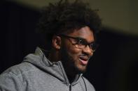 Ohio State offensive lineman Paris Johnson Jr. speaks during a news conference at the NFL football scouting combine, Saturday, March 4, 2023, in Indianapolis. (AP Photo Erin Hooley)