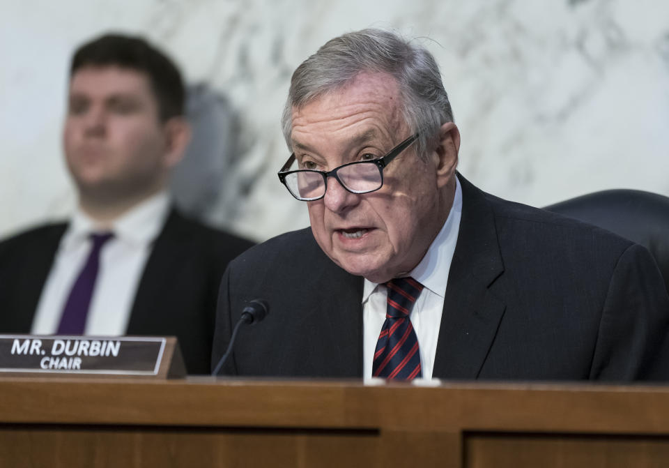 FILE - Sen. Dick Durbin, D-Ill., chairman of the Senate Judiciary Committee, leads a hearing at the Capitol in Washington, Aug. 3, 2022. A bipartisan group of U.S. senators, including Durbin, introduced legislation Wednesday, Sept. 28, to overhaul oversight and bring greater transparency to the crisis-plagued federal Bureau of Prisons following reporting from The Associated Press that exposed systemic corruption in the federal prison system and increased congressional scrutiny. (AP Photo/J. Scott Applewhite, File)