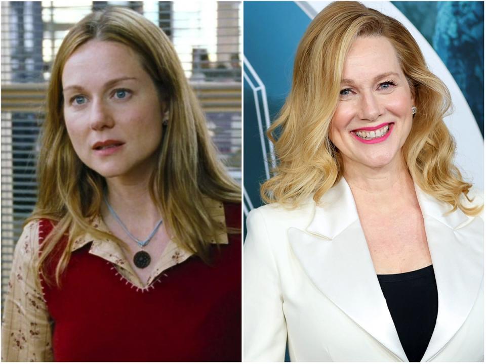 Laura Linney in ‘Love Actually’ and in 2022 (Universal. Getty)