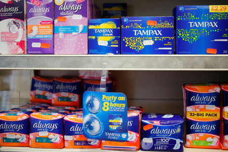 FILE PHOTO: Feminine hygiene products are seen in a pharmacy in London, Britain March 18, 2016. REUTERS/Stefan Wermuth/File Photo