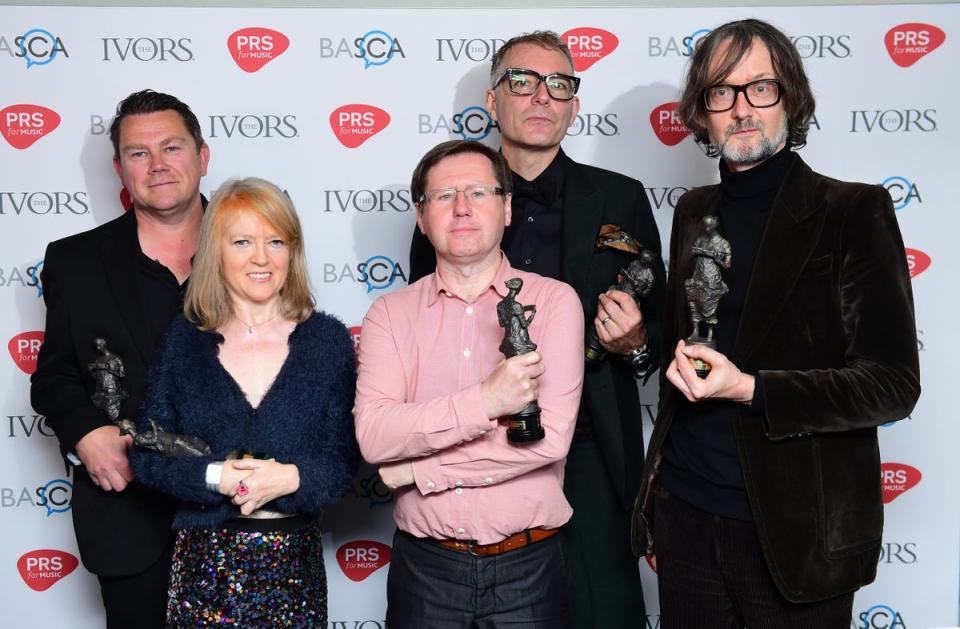 (left-right) Nick Banks, Candida Doyle, Mark Webber, Steve Mackey and Jarvis Cocker of Pulp in 2017 (PA)