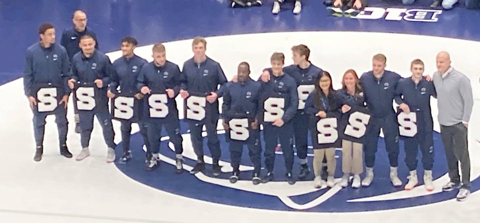Cathedral Prep graduate Carter Starocci (fourth from left) was among the seniors for Penn State University's 2023-24 wrestling team who were honored before the Nittany Lions' Feb. 25 dual against Edinboro University at Rec Hall.