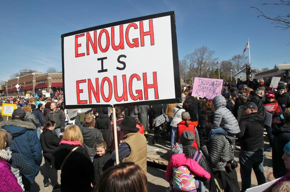 In this file photo, hundreds attend rally in Highland Square during the March for Our Lives event to end gun violence before marching downtown to the Summit County Courthouse March 24, 2018, in Akron.