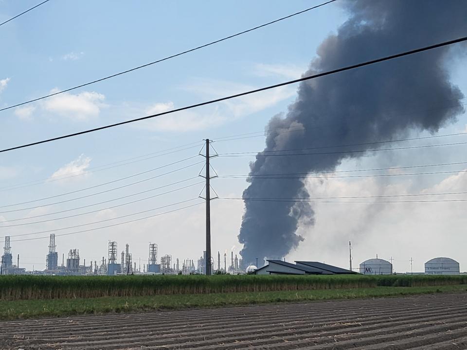 An industrial fire at the Marathon refinery in Garyville, Louisiana, sent a black smoke plume into the sky on Aug. 25, 2023, causing a mandatory evacuation for residents within two miles of the plant.