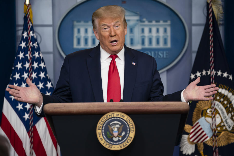 President Donald Trump speaks during a news briefing at the White House, Thursday, July 2, 2020, in Washington. (AP Photo/Evan Vucci)