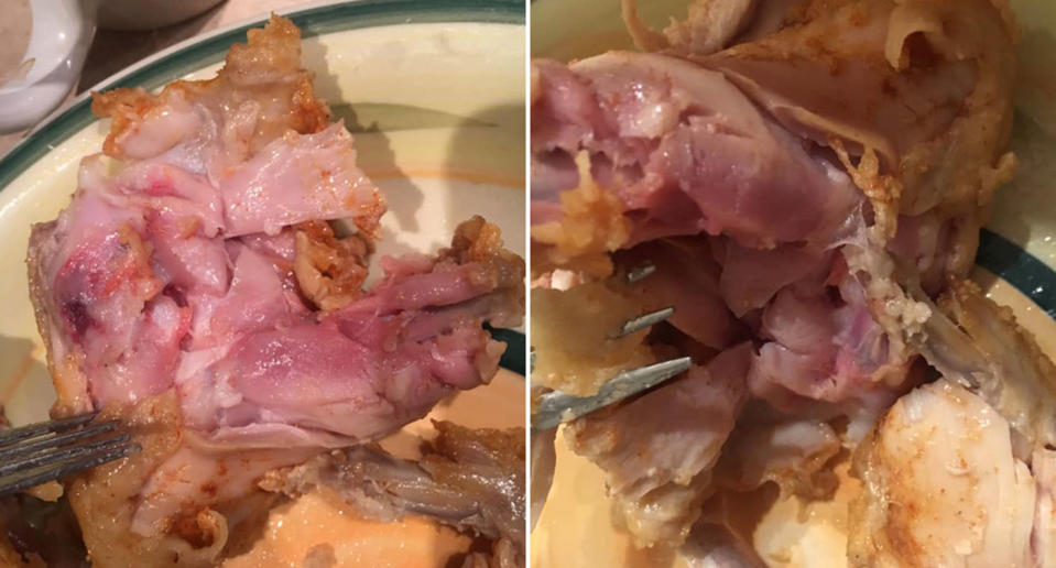 Photos show pink fried chicken, which appears to be raw, on a plate. A woman claims she purchased this chicken from KFC at Annandale in Townsville.