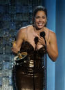 Kelly Thiebaud accepts the award for outstanding performance by a supporting actress in a drama series for her role in "General Hospital" at the 49th annual Daytime Emmy Awards on Friday, June 24, 2022, in Pasadena, Calif. (AP Photo/Chris Pizzello)