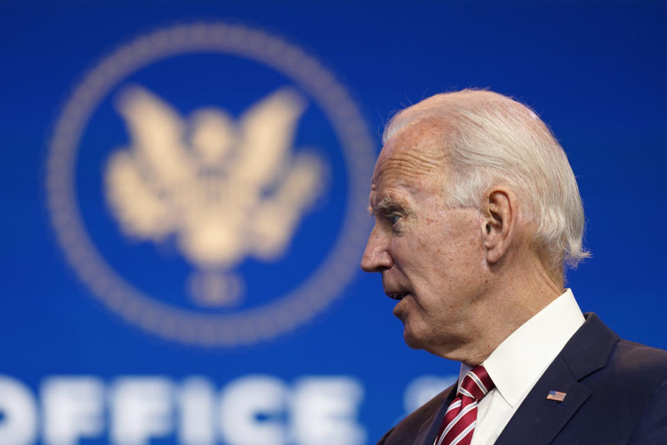 President-elect Joe Biden, accompanied by Vice President-elect Kamala Harris, speaks about economic recovery at The Queen theater, Monday, Nov. 16, 2020, in Wilmington, Del. (AP Photo/Andrew Harnik)