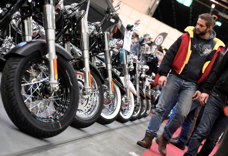 FILE PHOTO: Harley-Davidson bikes are lined up at a bike fair in Hamburg