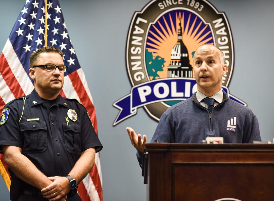 "If you see something, say something," Lansing Mayor Andy Schor said during a press conference addressing the recent rash of gun violence in Lansing on Monday, Aug. 7, 2023. Also pictured is Lansing Police Chief Ellery Sosebee. "If you have an illegal gun, we are going to send it to the prosecutor."