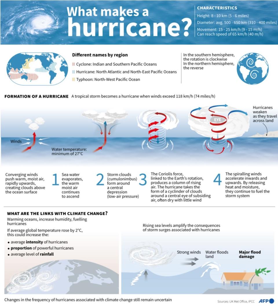 <span>Graphic explaining the formation of hurricanes </span><div><span>Cléa PÉCULIER</span><span>Sophie RAMIS</span><span>AFP</span></div>