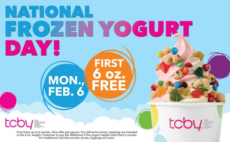 TCBY will give customers up to 6 oz. of free frozen yogurt for National Frozen Yogurt Day on Feb. 6.