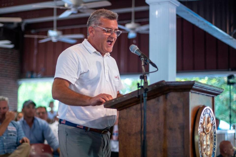 Kentucky State Sen. Robby Mills, R- Henderson, speaks during the Fancy Farm picnic in Fancy Farm, Ky., on Saturday, Aug. 5, 2023.