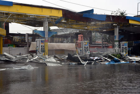 A damaged fuel station is pictured after Cyclone Fani hit Puri, in the eastern state of Odisha, India, May 3, 2019. REUTERS/Stringer