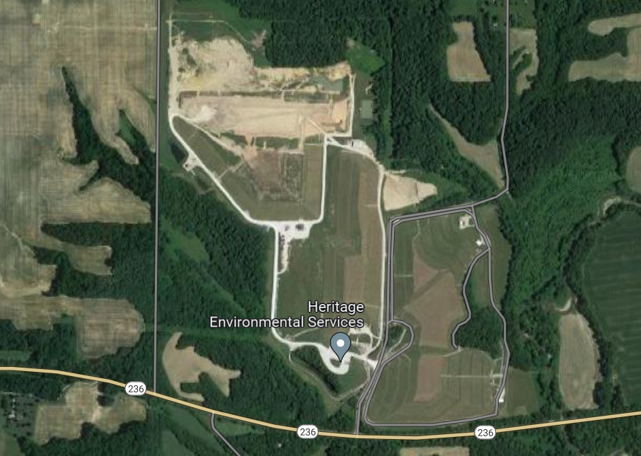 A screenshot of the Heritage Environmental Services landfill outside of Roachdale, Indiana from Google Maps. This landfill has been selected to house some of the contaminated waste from the toxic train derailment in East Palestine, Ohio.