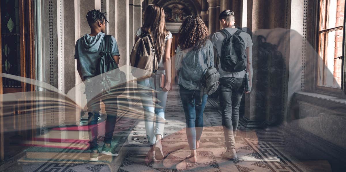 College students exhausted sleeping on desk, walking to class