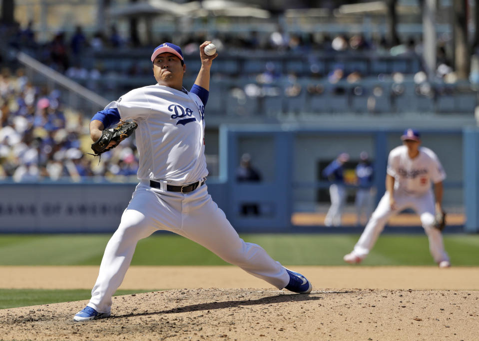 Los Angeles Dodgers starting pitcher Hyun-Jin Ryu throws to the Washington Nationals during the sixth inning of a baseball game Sunday, May 12, 2019, in Los Angeles. (AP Photo/Marcio Jose Sanchez)