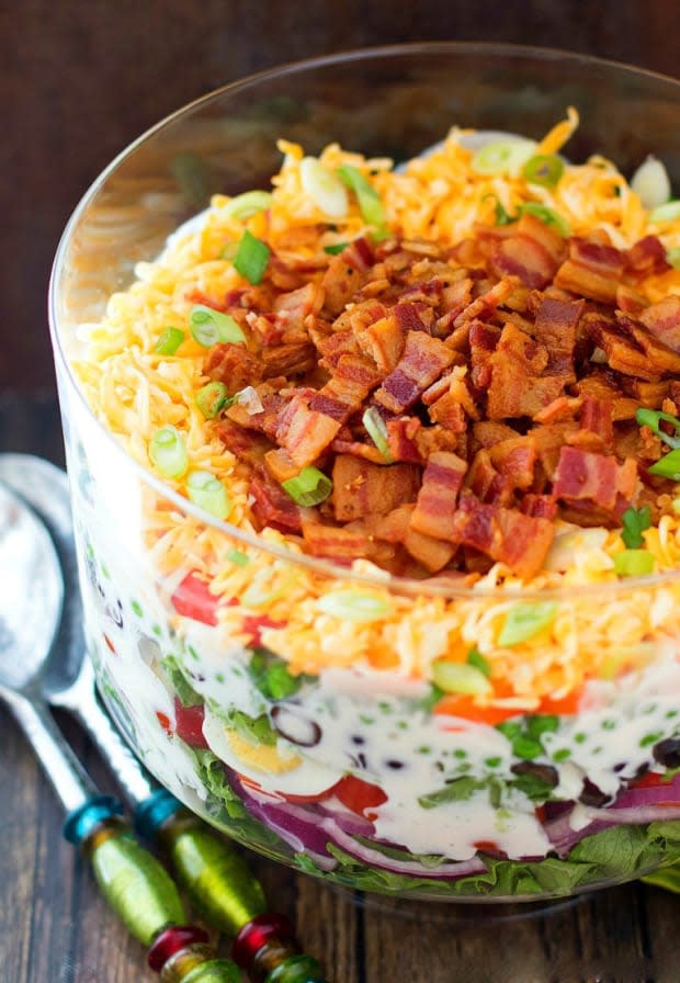 <p><strong>Get the recipe:<a href="https://www.melissassouthernstylekitchen.com/seven-layer-salad/" rel="nofollow noopener" target="_blank" data-ylk="slk:Seven Layer Salad;elm:context_link;itc:0;sec:content-canvas" class="link "> Seven Layer Salad</a></strong></p><p>Melissa's Southern Style Kitchen</p>