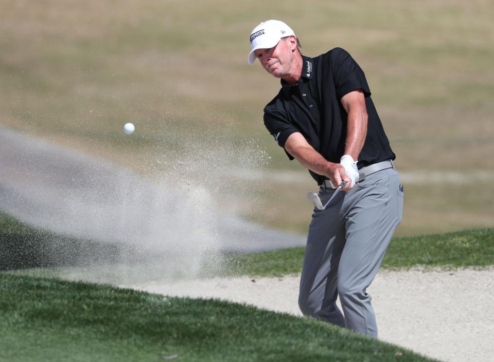 Steve Stricker hits a bunker shot on the 11th hole during the Galleri Classic at Mission Hills Country Club in Rancho Mirage, March 26, 2023.  