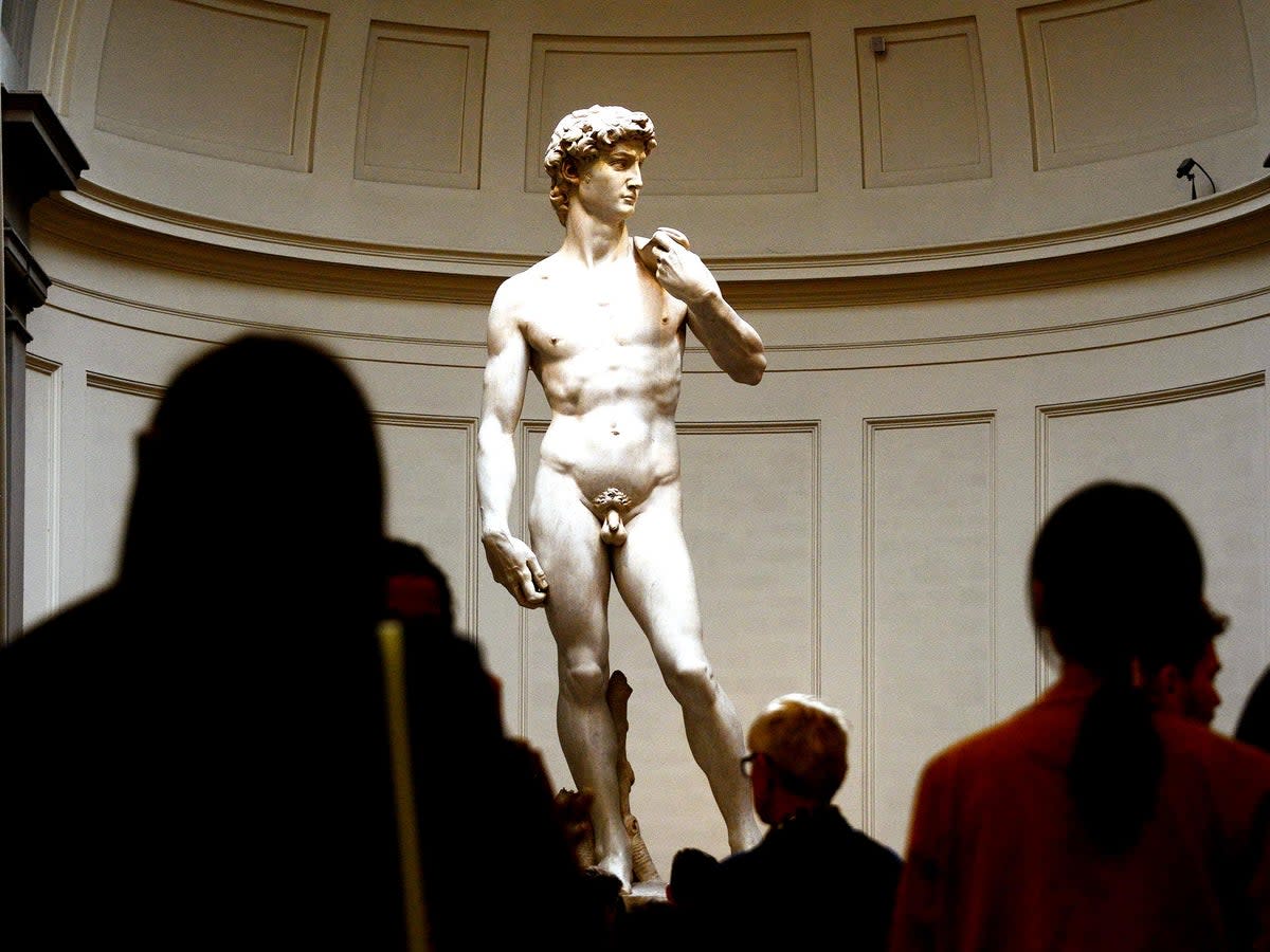 People look at the original 16th century statue of David by Italian artist Michelangelo Buonarroti in the Galleria dell'Accademia on April 9, 2015 in Florence (AFP/Getty)