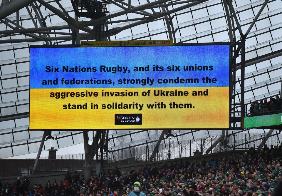 A message in support of Ukraine is shown inside the stadium before the match (REUTERS)