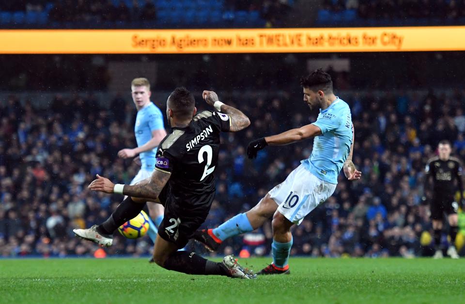 Manchester City’s Sergio Aguero scores his side’s fifth goal of the game
