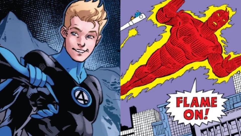 Johnny Storm, the Human Torch, in his normal form and as he "flames on."