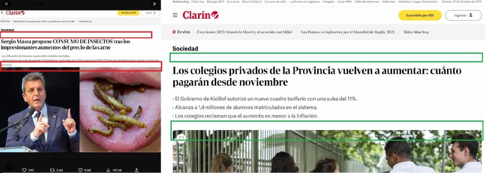 <span>Comparación entre una publicación en X y un artículo de Clarín hecha el 27 de octubre de 2023 </span>